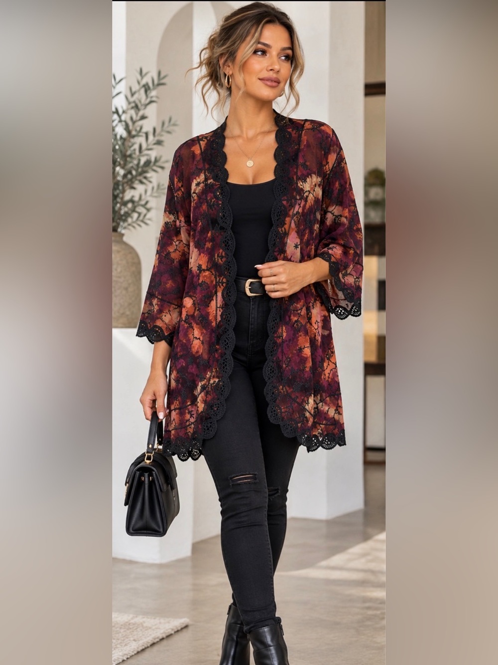 Democracy Embroidered Floral Sheer Kimono Cardigan Lace Trim Boho